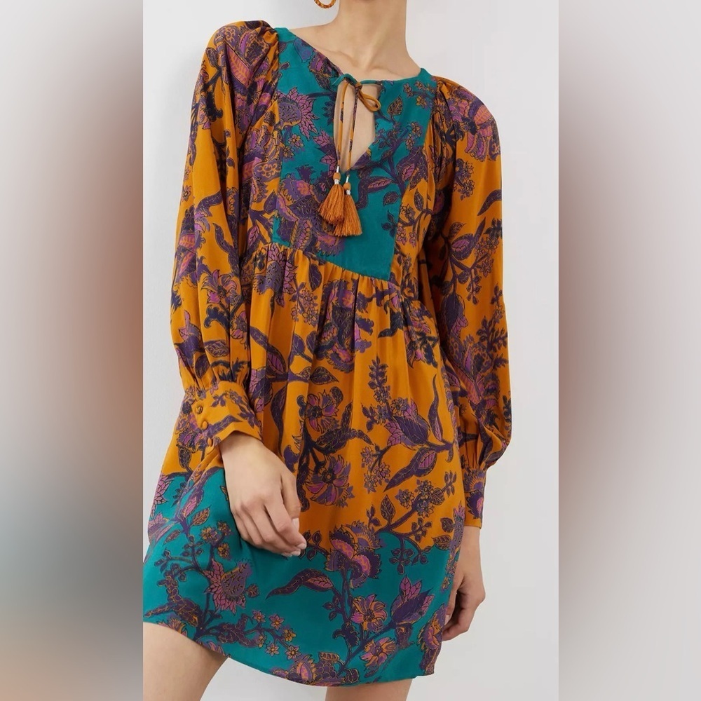 Anthropologie Floral Longsleeve Romantic Silk Tunic Dress  SZ S